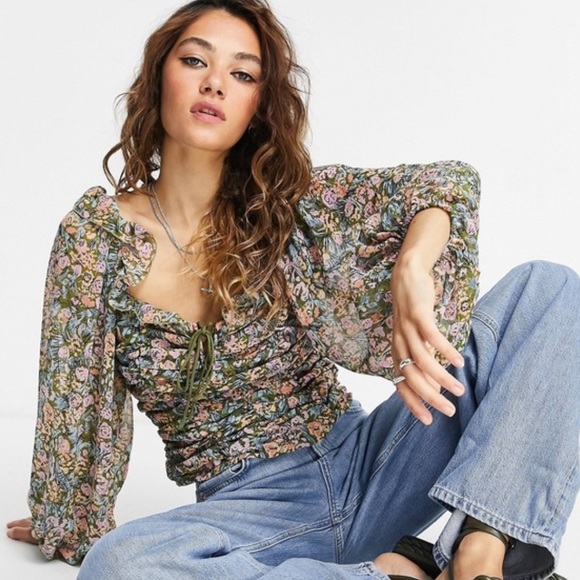 Free People Pants - Free People Mabel printed volume sleeve blouse green floral in multi Women’s XS